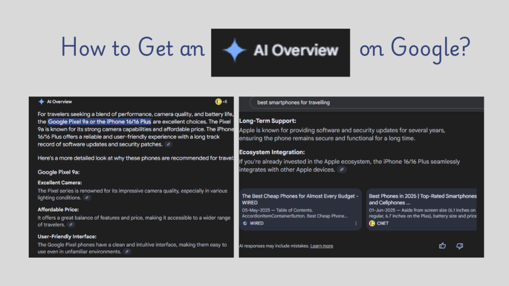 A graphic titled "How to Get an AI Overview on Google?" showing an example of an AI-generated search summary for smartphone recommendations.