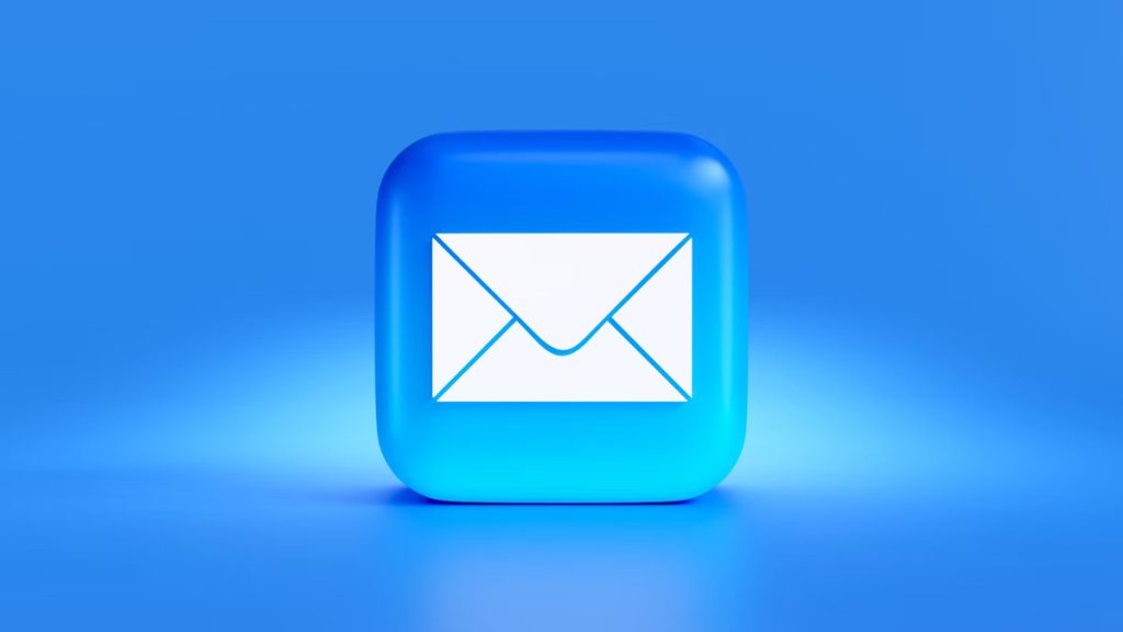 3D glowing blue square icon with a white envelope symbol, representing email communication.