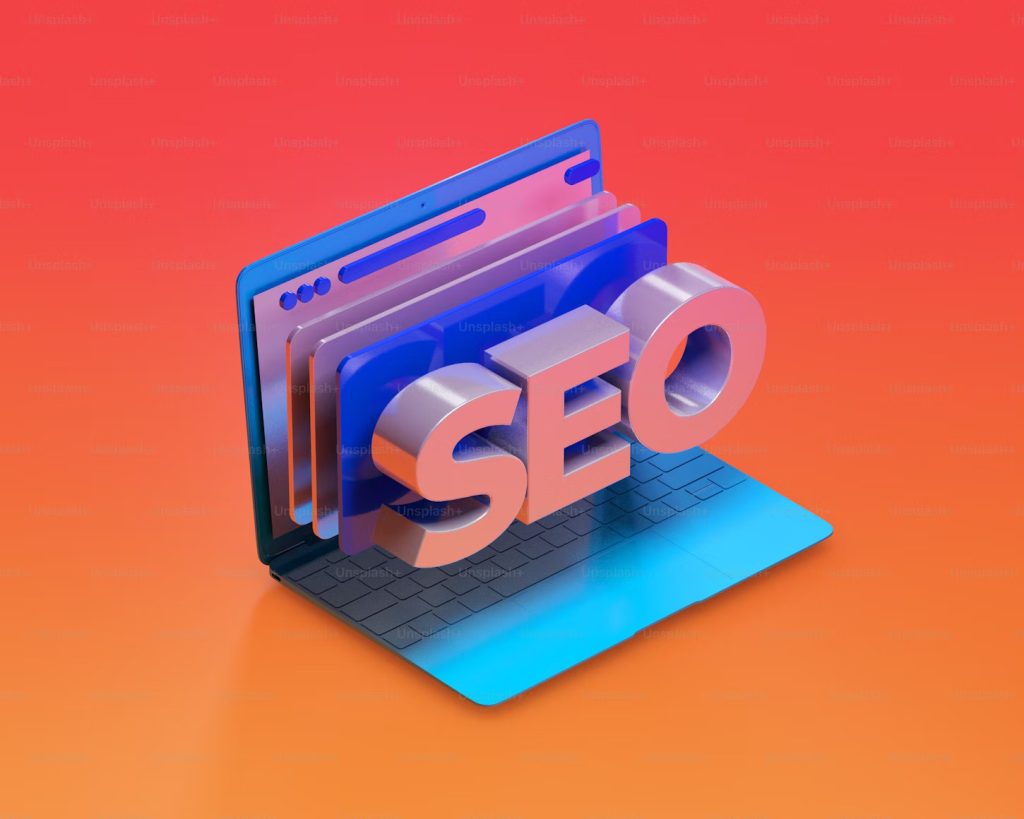 A 3D render of a laptop with several overlapping browser windows open, and the large, prominent 3D text "SEO" emerging from the screen, set against an orange and red gradient background.