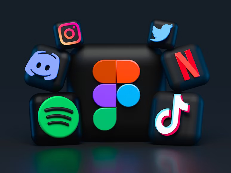3D rendered social media and streaming app icons including Discord, Spotify, Netflix, TikTok, Instagram, and Twitter surrounding a central abstract logo on a dark background.