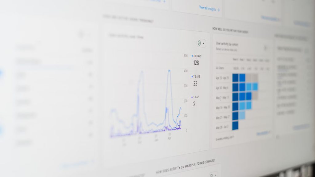 A close-up of a computer screen displaying analytics data and charts for website performance.