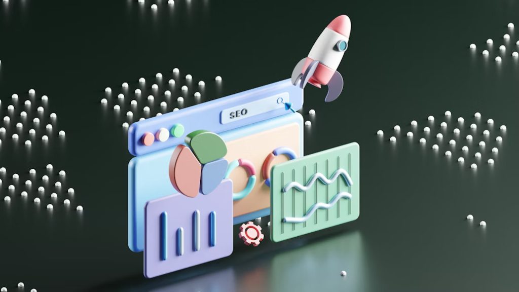  A 3D illustration depicting various SEO elements like a rocket taking off from a browser window with an "SEO" search bar, charts, and graphs, representing growth and optimization.