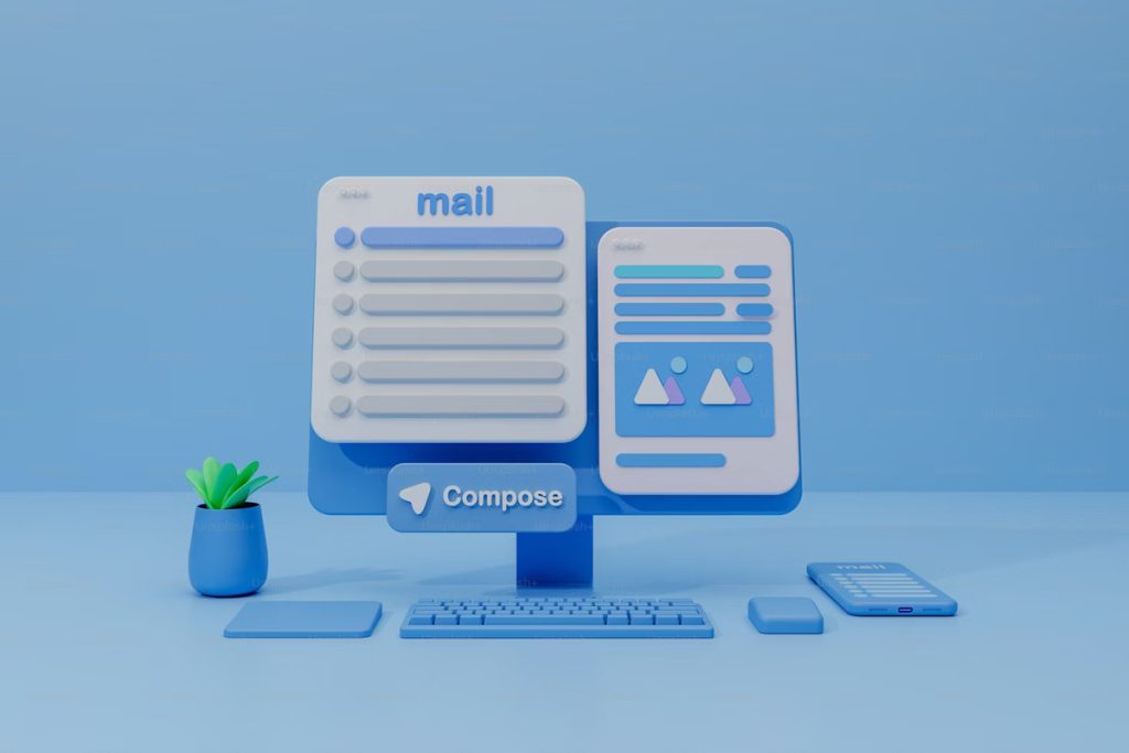 A 3D rendered desktop setup with a laptop displaying an email interface, emphasizing the importance of effective email copy in digital communication.